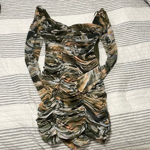 Zara Long Sleeve Ruched Green Printed Mini Dress